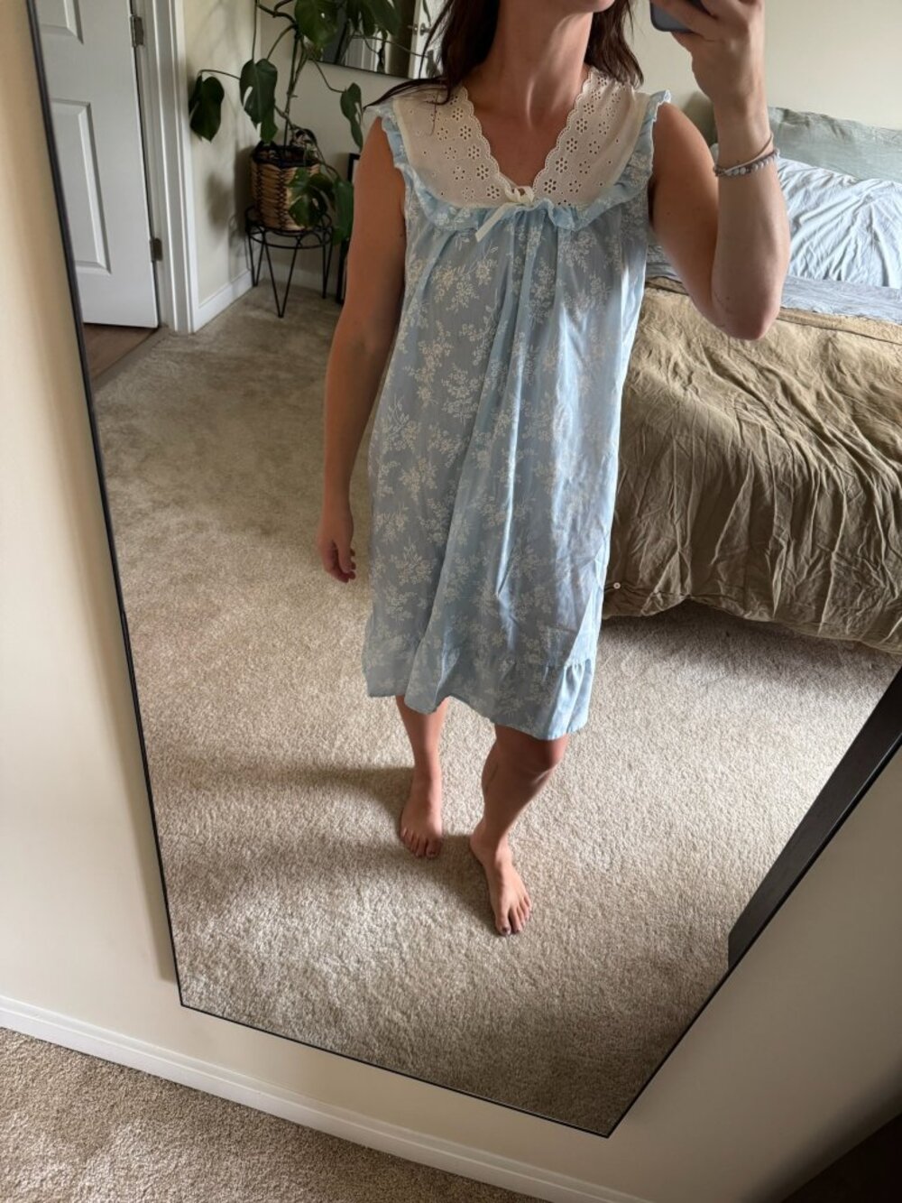 Vintage Stardust Pale Blue Floral Nightgown with Eyelet Neckline OSFM